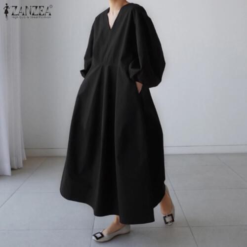 Retro Solid Maxi Dress Womens Autumn Sundress ZANZEA 2021 Casual Puff Sleeve Baggy Vestidos Female V Neck Robe Oversized 5XL