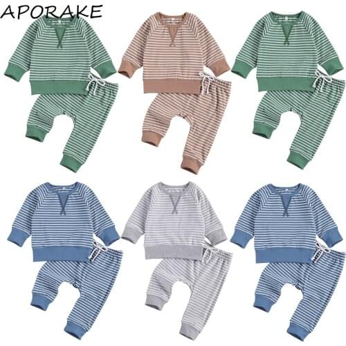 2020 0-24M Newborn Baby Boy Girl Casual Clothing Autumn New Striped Print Long Sleeve Sweatshirt+Drawstring Pants Long Trousers