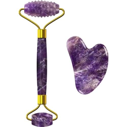 Amethyst Face Roller Natural Purple Crystal Stone Body Slimming Anti Wrinkle Cellulite Gua Sha Massage Set Skin Care Tools