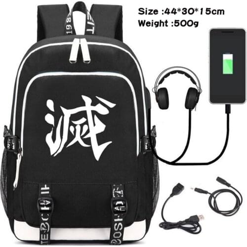 Demon Slayer Kimetsu no Yaiba USB Charging Headphone Canvas Backpack Teenager Travel Laptop Bag Student Zipper Cartoon Schoolbag