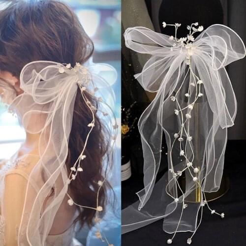 Bridal Wedding Tiara Net Gauze Handmade Veil Side Clip with Beautiful Temperament Wedding Dress Bow Wave Hairpin Ladies Veil