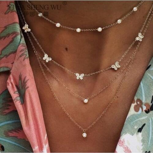 Vintage Multilayer Pendant Butterfly Necklace for Women Butterflies Bead Charm Choker Necklaces Bohemia Fashion Jewelry Gift