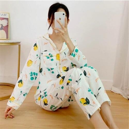 100% Cotton Japanese Summer Women Pajamas Suit Sleepwear Plaid Print Pajamas for Women Pyjamas Long Sleeve Girls Pijama