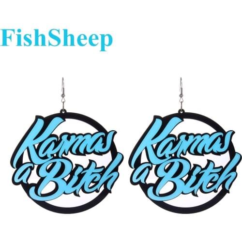 FishSheep Acrylic Large Round Karmas A Bitch Drop Earrings For Women Fashion Big Blue Letter Circle Pendant Earrings Pendientes