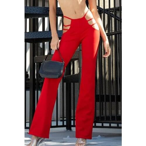 Women Harajuku High Waist Thin Bandage Straight Pants Cut Out Flare Pants Classic Mid Waist Solid Color Stretch Bottom Pants