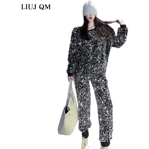 Autumn Winter Two Piece Set Women Heavy Industry Plus Velvet Thicke New Glittering Sequined Top + Sequined Trousers Suit Women