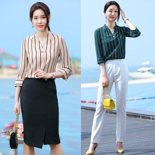 Summer Fashion Women Work Blouses & Shirts 2 Piece Skirt and Top Sets Office Ladies Work Wear Clothes Half Sleeve