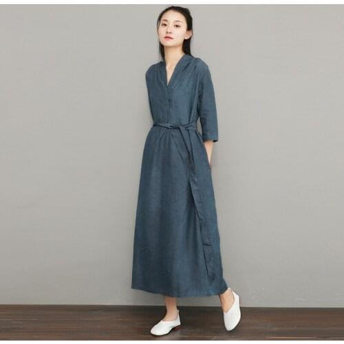 Women Summer Autumn Tencel Linen V Neck Dress Ladies Solid Color Retro Dress Female 2020 Vintage Dresses