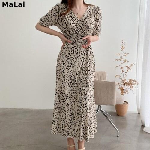 Korean Style Women Midi Dress Vintage Elegant Summer Vestidos For V Neck Floral One-Piece Sexy Chiffon Kawaii Pleated Dresses
