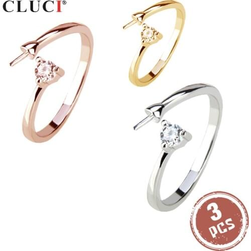 CLUCI 3pcs 925 Silver Zircon Ring Wedding White Gold Color Women 925 Sterling Silver Pearl Ring Mounting Rings Jewelry SR2001SB