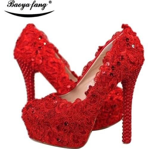 BaoYaFang Red lace pearl Womens Wedding shoes Bride Lace thin heel High heels Party dress shoes woman female shoes