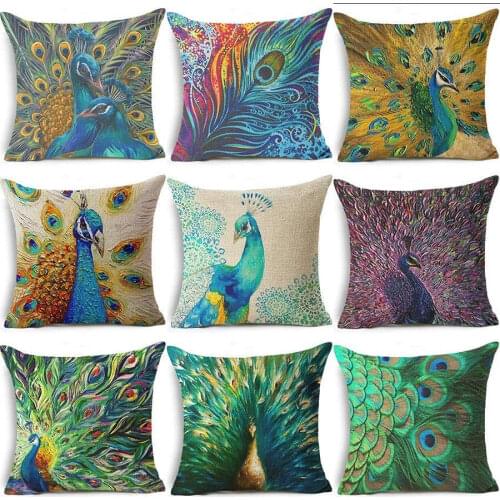 18" Peacock Feather Pillow Case Throw Pillowcase Cotton Linen Printed Pillow Covers For Office Home Textile