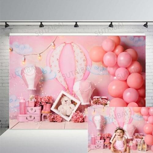 Baby Bear Birthday Cake Smash Backdrop Pink Hot Air Balloons Floral Girl Portrait Photo Background Photography Photo Studio