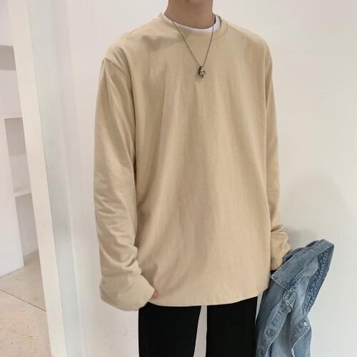 Male White Solid Clothing Men Graphic t Shirts Long Sleeve Cotton 2021 Mens Oversized Harajuku Beige Loose Korean Tops