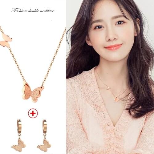 Jisensp Christmas Jewelry Gift Sweet Butterfly Pendant Necklace for Women Rhinestone Double Layer Stainless Steel Necklace