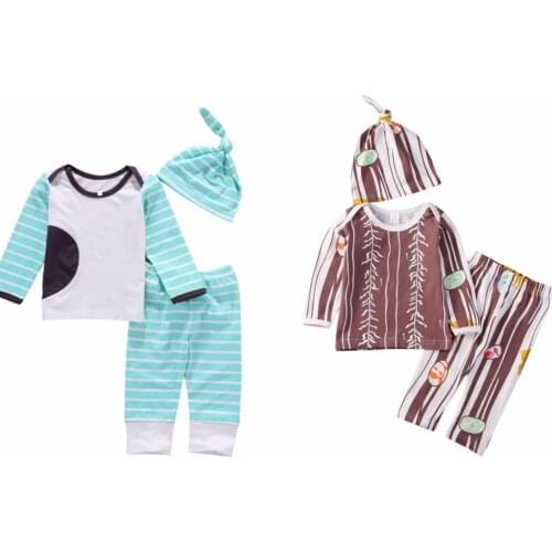 Infant Baby Clothes Suit Color Matching Print Tops Stried Pants Hat 3pcs Spring Casual Bebe Children Clothing Sets