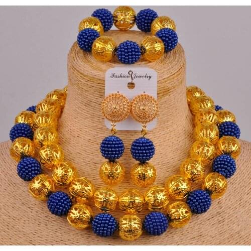 Imitation Pearl Beaded African Jewelry Set Nigeria Wedding Beads Costume Jewelry Set Royal Blue Bridal Jewelry XX-85