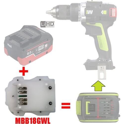 MBB18GWL Adapter Converter Connector Use Metabo 18V Li-ion Battery on Worx Green Large Foot Tool Replace 5 pin Lithium Battery