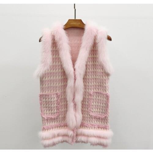 Fashion Women Fur Sweater Wholesale Fall Spring Fur Vest Ladies Knit Cardigan Pink Plaid Knitwear