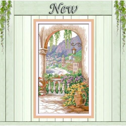 Courtyard garden villa Seaside residence Scenery,print on canvas DMC 14CT 11CT DIY Cross Stitch Embroidery kits Needlework Sets