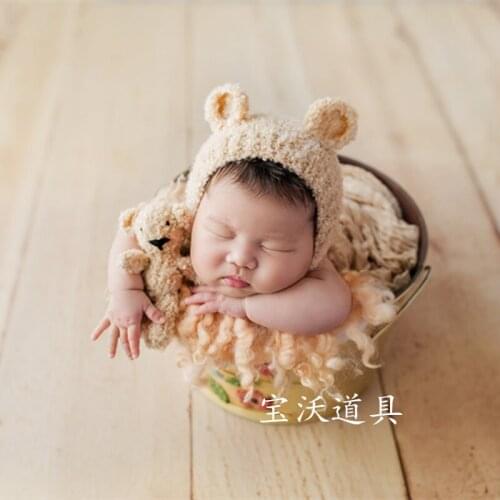 Newborn Teddy Bear bonnet Baby photography props Newborn knit cotton Animal hat and toy set Newborn Baby Posing Photo props
