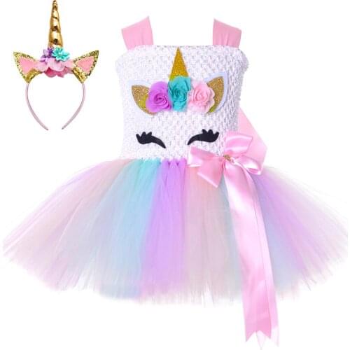Pastel Flower Girls Unicorn Tutu Dress Princess Girl Masquerade Birthday Party Dress Children Kids Purim Halloween Costume 1-14Y