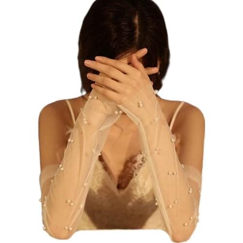 Womens Wedding Mesh Tulle Fingerless Long Gloves Shiny Imitation Pearl Jewelry Beaded Sheer Sunscreen Bridal Arm Covers