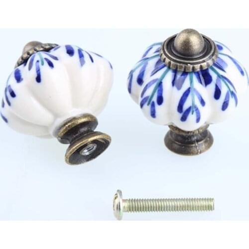 Hand Painted Blue and white porcelain pumpkin knob bronze drawer cabinet dresser handles knobs pulls antique brass ceramic knobs