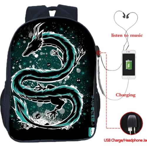 High Quality Spirited Away Dragon USB Charge Backpack Teens Anime School Bag Students Bookbag Boys Girls Daily USB Rucksack Gift