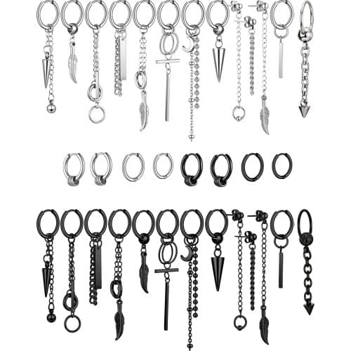 34 Pieces Stainless Steel Dangle Hinged Hoop Earrings Piercing Hoop Huggie Earrings with Long Chain Feather Leaf Dangle