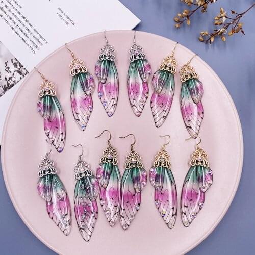 Enchanted Fairy Wing Earrings Green and Pink Dragonfly / Cicada Wing Transparent Jewelry with Foil Insect Forewing Earrings K-3D