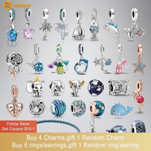Volayer 925 Sterling Silver Beads Sea Turtle Starfish Murano Glass Ocean Charms fit Original Pandora Bracelets Women Jewelry