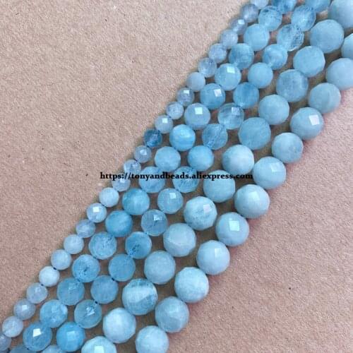 2lots more 10% off ! Semi-precious Stone Diamond Cuts Faceted AA Quality Blue Aquamarine 7" Round Loose Beads 6 8 10 mm
