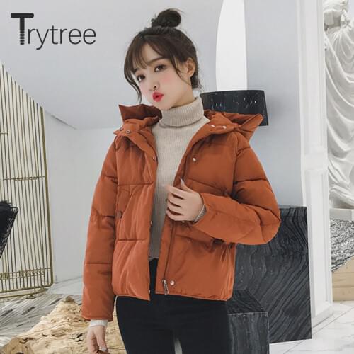 Trytree Womens Jacket 2020 Winter Casual Pockets 7 Colors Streetwear Padded Jacket Single breasted Short Hooded Womens Coat