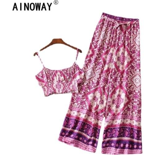 Vintage chic Women two piece outfits strap Sleeveless tops Bohemian sashes Drawstring pants 2 pieces rayon cotton Boho sets