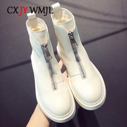 Genuine Leather Women Boots Winter Plus Velvet Woman Shoe Fashion Female Breathable Cowhide Bootie Front Zipper Light White Boot
