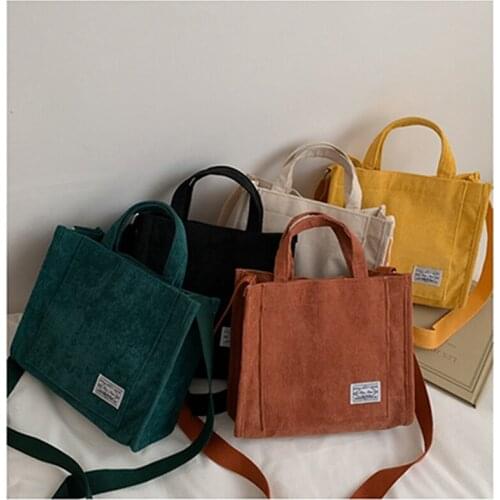 Corduroy Women Bag Ladies Canvas Shoulder Crossbody Bags Solid Color Buckle Messenger Bag Square Tote Bag with Short Handle