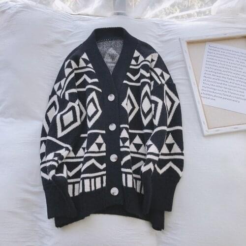 Women Sweater Autumn Winter Coat Long Sleeve Geometric V-Neck Loose Black College Style Thick Knitted Cardigan