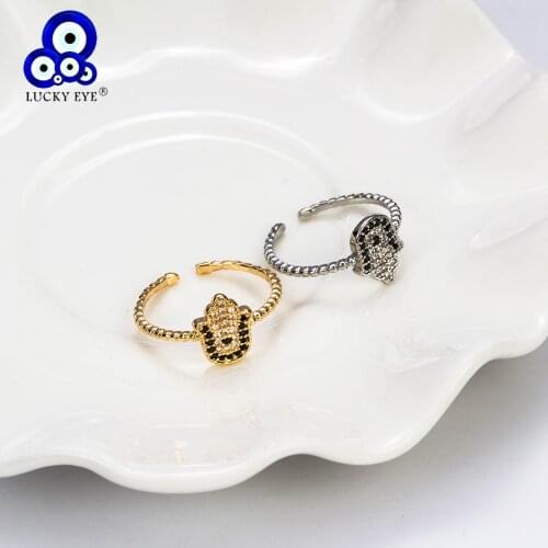 Lucky Eye Copper Hamsa Hand Rings Evil Eye Micro Pave Cubic Zircon Ring For Women Ring Jewelry Adjustable EY5370