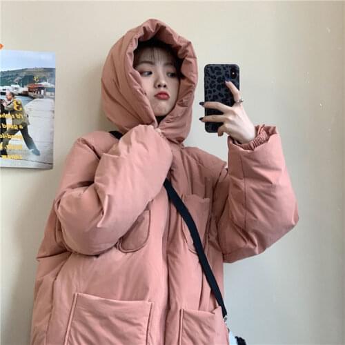 Winter And Autumn Outwear Jacket With Pockets Thick Quilted Jacket Winter Warm Hooded Loose Cotton Jacket Coat