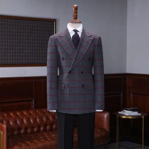 2021 Fashion Double Breasted Plaid Men Suits Wedding Blazer Terno Masculino Formal Groom Wear Peaked Lapel Tuxedos Coat Pants