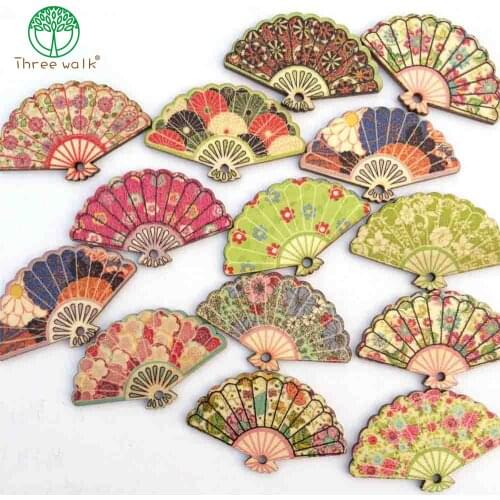 50pcs Wooden Fan Shaped Floral Print Brooches Beads Jewelry DIY