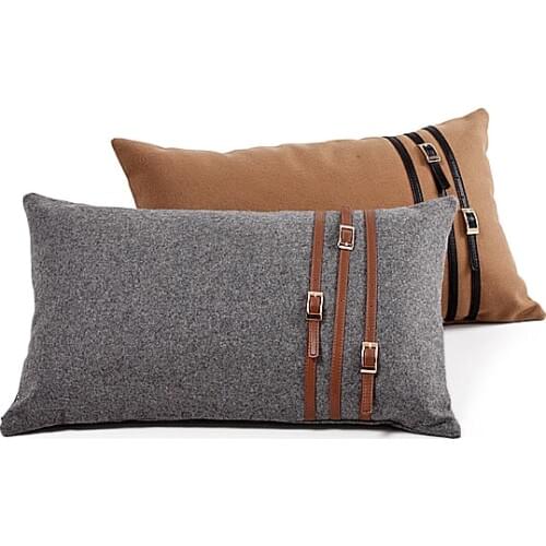 50x30cm brown/grey wool fabrci lumbar cushion cover sofa waist pillowcase office chair pillow case with leather belt home decor