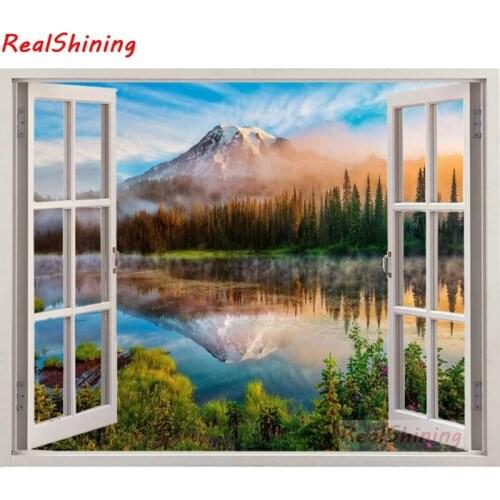 5D Diy Diamond Painting Cross Stitch full Square Diamond Embroidery Mountain lake window picture for room Decor H1130