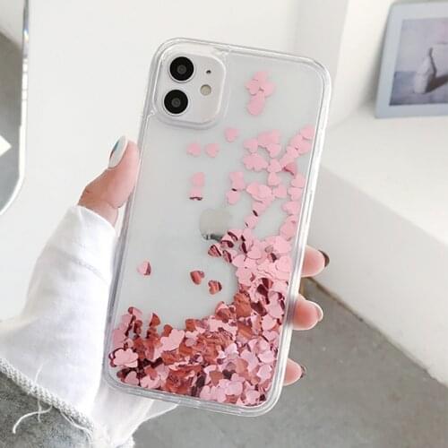 Glitter Sequins Love Heart Phone Case for iPhone 12 Mini 11 Pro Max X XS XR 7 8 6 Plus Clear Dynamic Liquid Case Soft TPU Cover