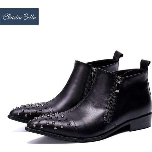 Christia Bella British Men Genuine Leather Boots Punk Rivets Men Ankle Boots Pointed Toe Shoes Motorcycle Zipper Boots Botas