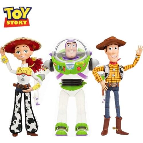 Disney Anime Pixar Toy Story 4 Woody Jesse Buzz Movable Talking and Speaking Doll Hand-made Cloth Denim Model Doll Child Gift
