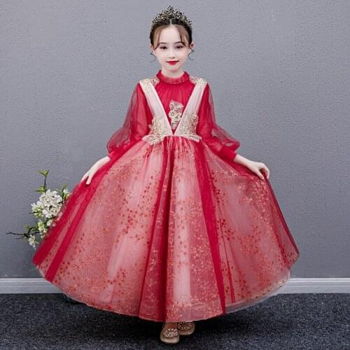 Flower Girl Dresses Illusion Luxury Sequined High Beading Embroidery Princess Floor-Length Tulle Lace Full Kids Party Gown H256