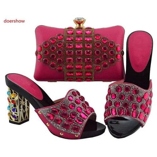 Doershow fuchsia Shoes and Bag To Matching African Shoes and Bag Set For Party Nigerian Women Fashion Shoes and Bags HUU1-3