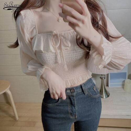 Elegant Slim Waist Ruffles Female Blouse Vintage Square Collar Sweet Puff Sleeve Women Blouse Shirts White Tops Blusas 10094